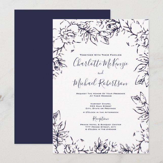 Modern, Gardenia Floral, Navy, Blush, Wedding Invitation (Front/Back)