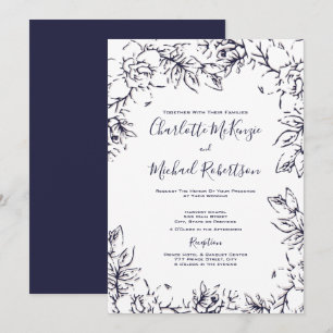 Modern, Gardenia Floral, Navy, Blush, Wedding Invitation
