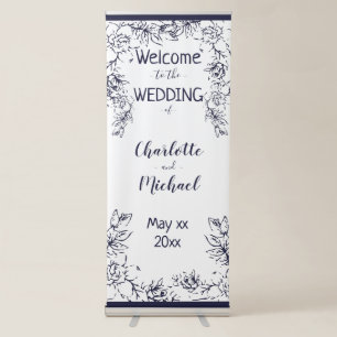 Modern, Gardenia Floral, Navy Wedding Retractable Banner