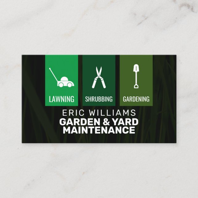 Modern gardening services cover with icons business card (Front)