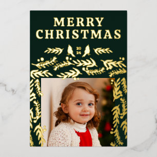 Modern Garland Border Botanical Photo Foil Holiday Card