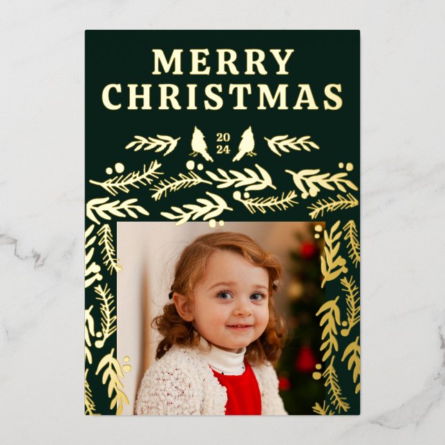 Modern Garland Border Botanical Photo Foil Holiday Card (Front)