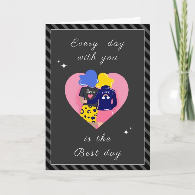 Modern Gay Couple LGBTQ Valentines Day Cute Grey Holiday Card (Front)