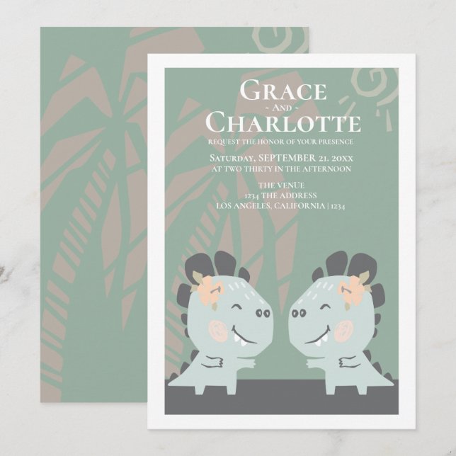 Modern Gay Dinosaur Two Brides Wedding Invitation (Front/Back)