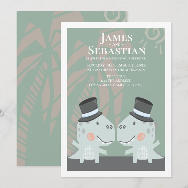 Modern Gay Dinosaur Two Groom Wedding Invitation (Front/Back)