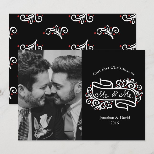 Modern Gay Newlywed Christmas Photo Greeting Invitation (Front/Back)