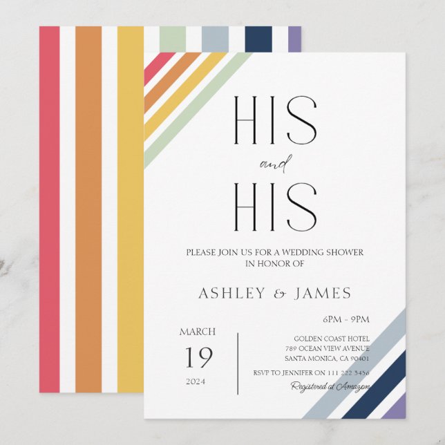 Modern Gay Wedding Couples Shower His & His LGBTQ  Invitation (Front/Back)