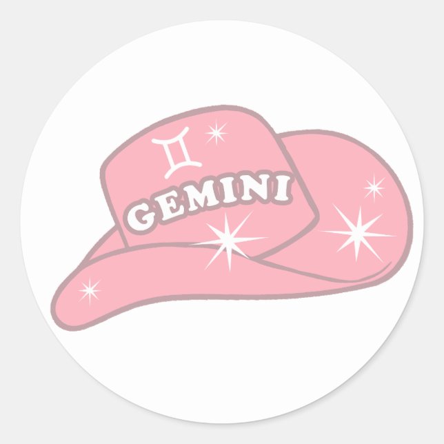 Modern Gemini Zodiac Pink Cowgirl Hat     Classic Round Sticker (Front)