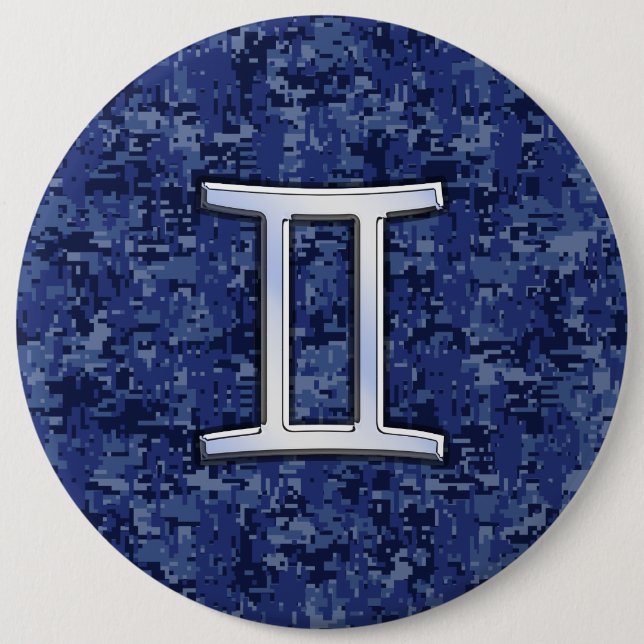 Modern Gemini Zodiac Sign Navy Blue Digital Camo 6 Cm Round Badge (Front)
