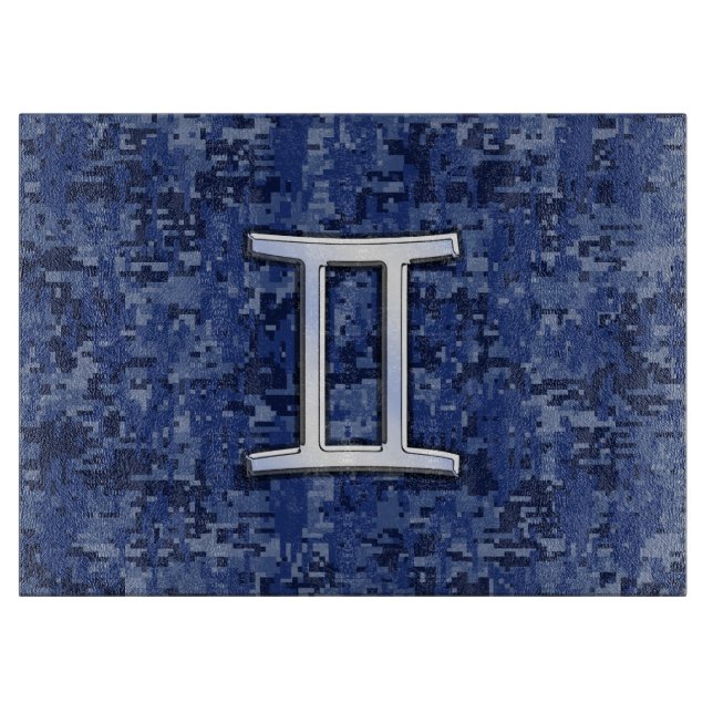 Modern Gemini Zodiac Sign Navy Blue Digital Camo Cutting Board (Front)