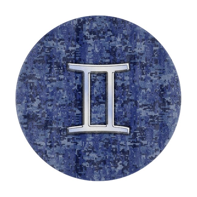 Modern Gemini Zodiac Sign Navy Blue Digital Camo Cutting Board (Front)
