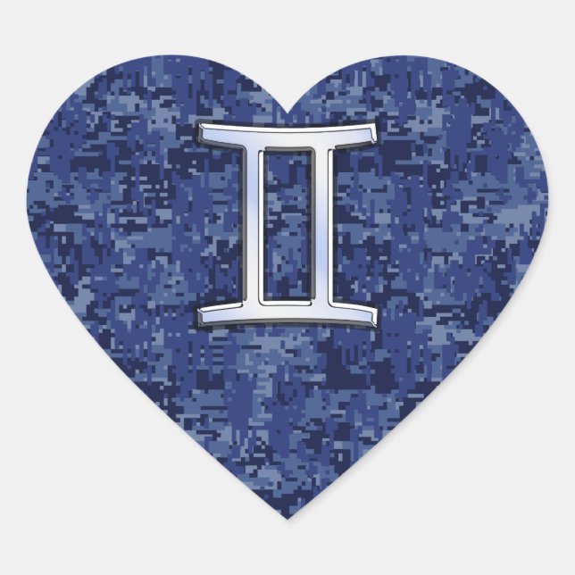 Modern Gemini Zodiac Sign Navy Blue Digital Camo Heart Sticker (Front)