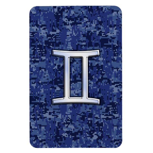 Modern Gemini Zodiac Sign Navy Blue Digital Camo Magnet (Vertical)