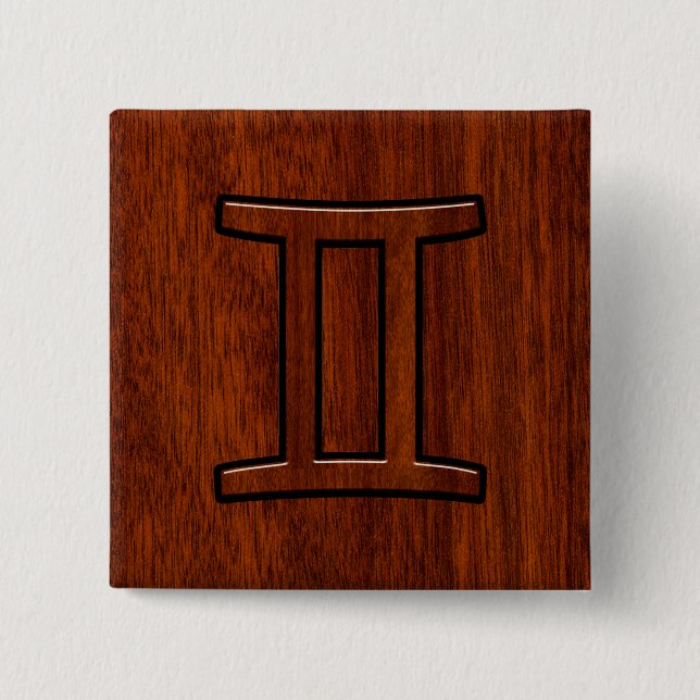 Modern Gemini Zodiac Symbol on Mahogany like print 15 Cm Square Badge (Front)