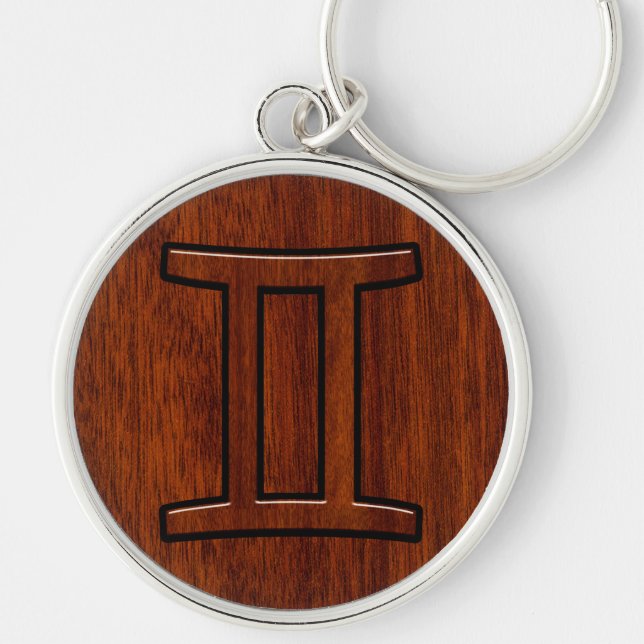 Modern Gemini Zodiac Symbol on Mahogany like print Key Ring (Front)