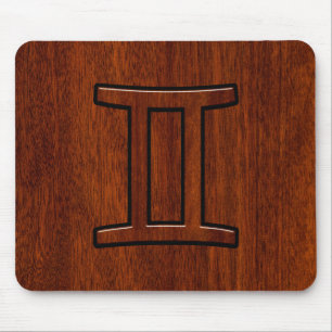 Modern Gemini Zodiac Symbol on Mahogany like print Mouse Mat