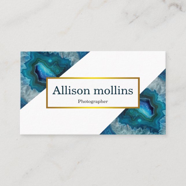 Modern Gemstone Blue Agate Gold Foil Business Card (Front)