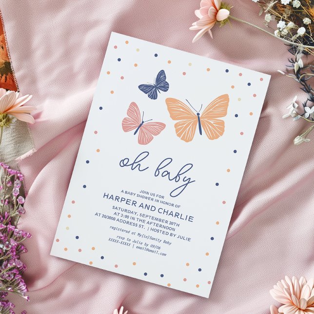 Modern Gender Neutral Butterfly Baby Shower  Invitation (Simple and modern baby shower invitation featuring butterflies and elegant typography.)