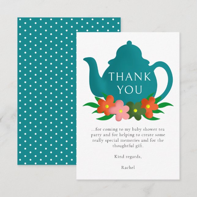 Modern Gender Neutral Floral Teapot Baby Shower  Thank You Card (Front/Back)