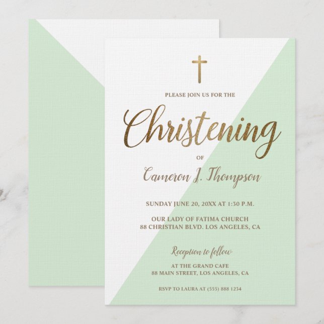 Modern Gender Neutral Green Gold Christening baby Invitation (Front/Back)