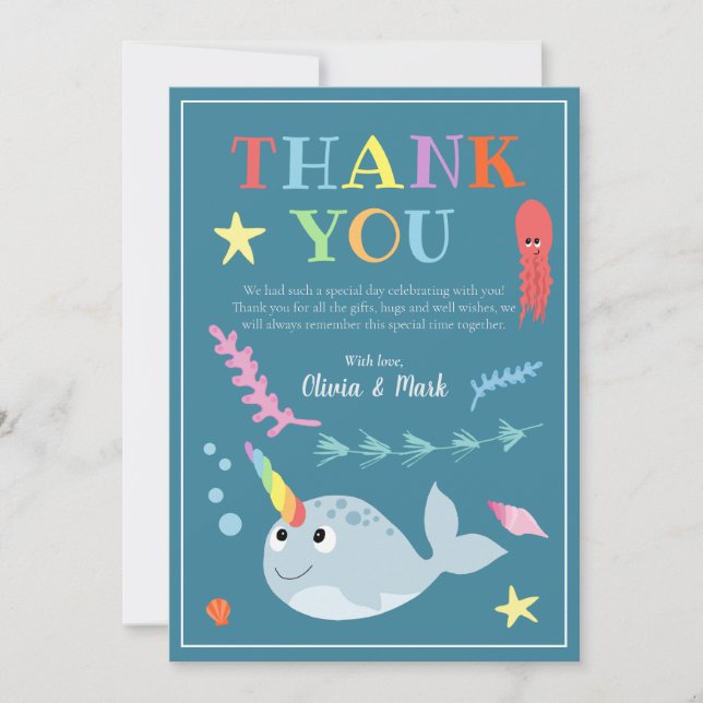Modern Gender Neutral Narwhal Baby Shower Thank You Card (Front)