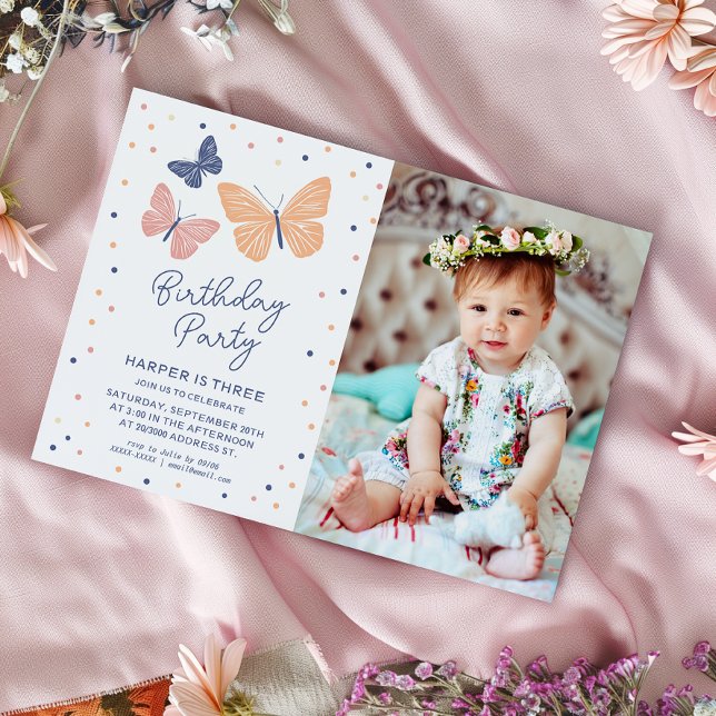 Modern Gender Neutral Photo Birthday Invitation (Simple birthday party invitation featuring pastel colors butterflies and elegant typography)