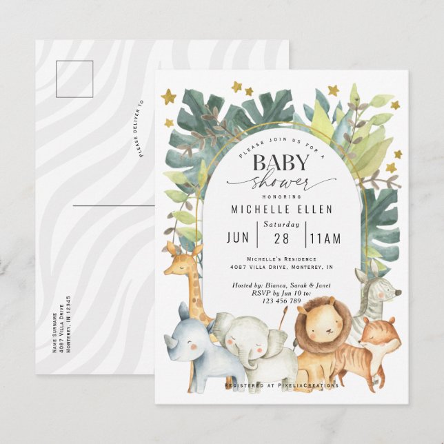Modern Gender neutral Safari jungle animals shower Invitation Postcard (Front/Back)