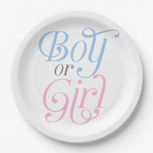 Modern, Gender Reveal, Pink or Blue, Boy or Girl Paper Plate (Front)