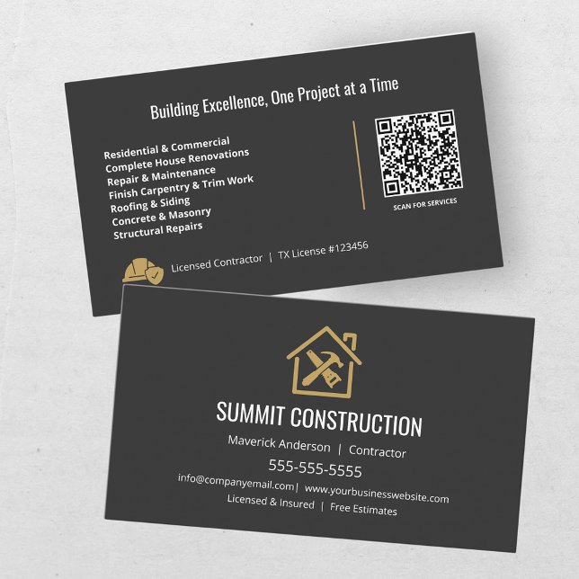 Modern General Contractor Black Gold QR Code  Business Card (Creator Uploaded)