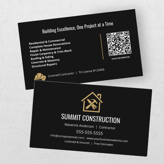 Modern General Contractor Black Gold QR Code  Business Card (Creator Uploaded)