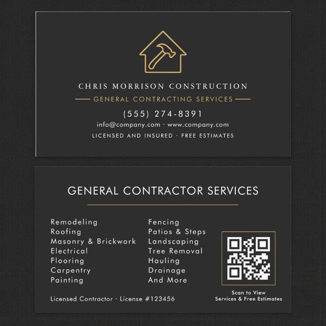 Modern General Contractor Black Gold QR Code Business Card (Creator Uploaded)