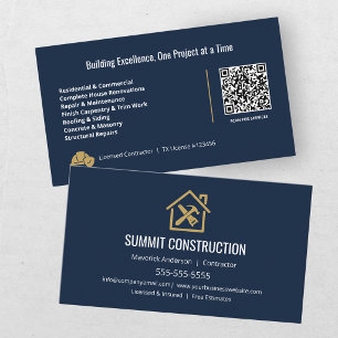 Modern General Contractor Blue Gold QR Code Business Card