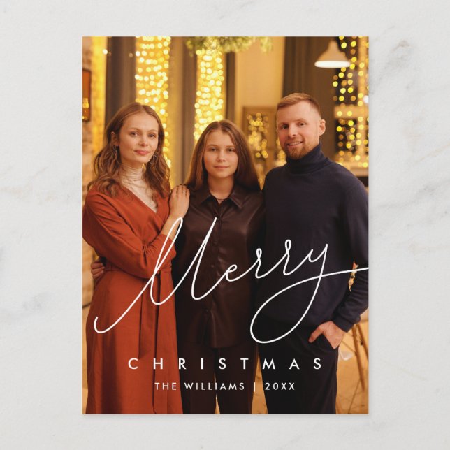 Modern Gentle Script, Merry Christmas Family Photo Postcard (Front)