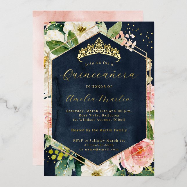 Modern Geo Navy Blush Floral Quinceanera  (Front/Back)