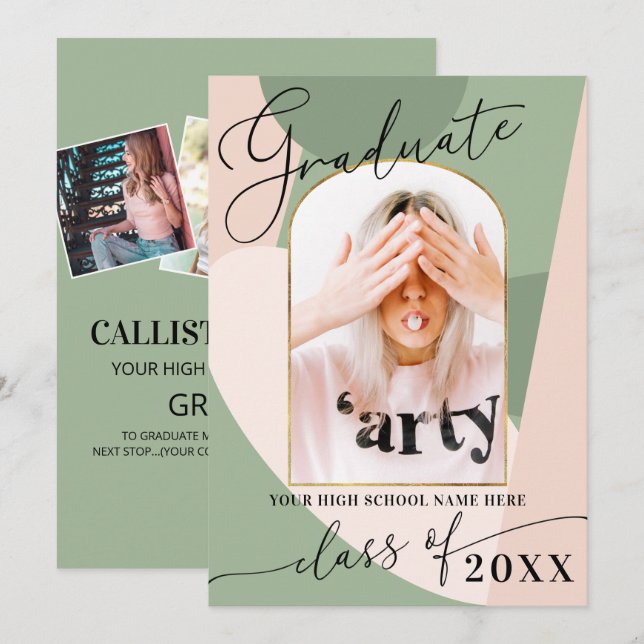 Modern Geo Sage Green Dusty Pink Photo Graduation Announcement (Front/Back)