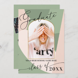 Modern Geo Sage Green Dusty Pink Photo Graduation Announcement