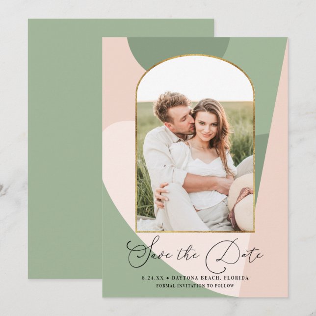 Modern Geo Sage Green Dusty Pink Photo Wedding Save The Date (Front/Back)