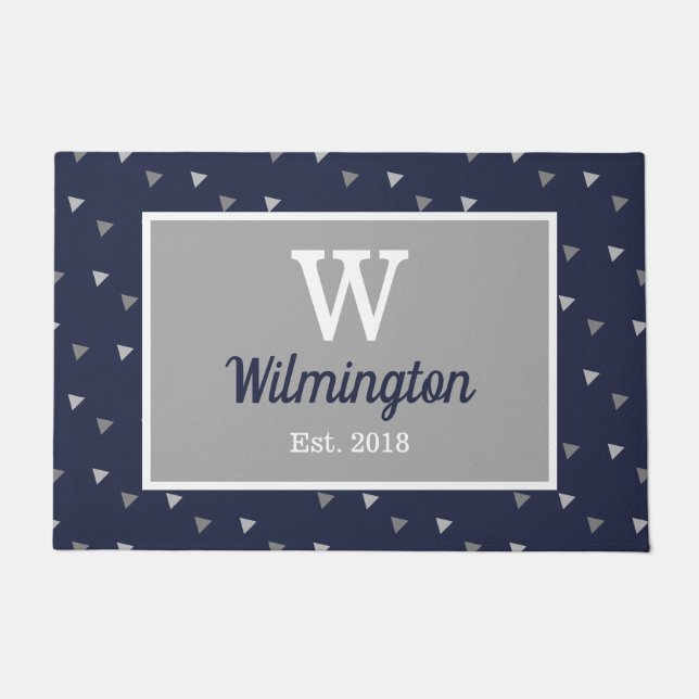 Modern Geo Triangles & Navy Blue | Personalised Doormat (Front)