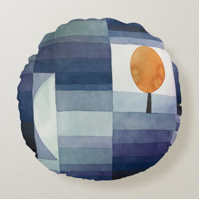 Modern Geometric Abstract Blue Orange Klee Round Cushion (Front)