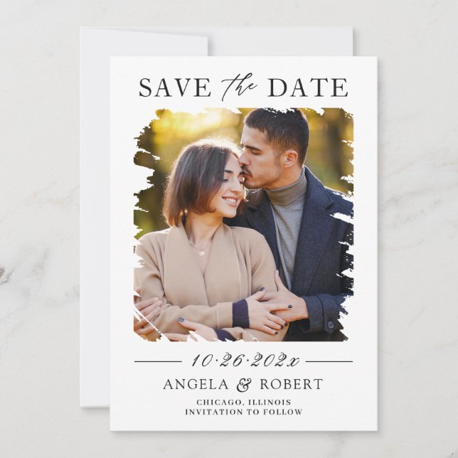 Modern Geometric Abstract Brush Stroke Photo Frame Save The Date (Front)