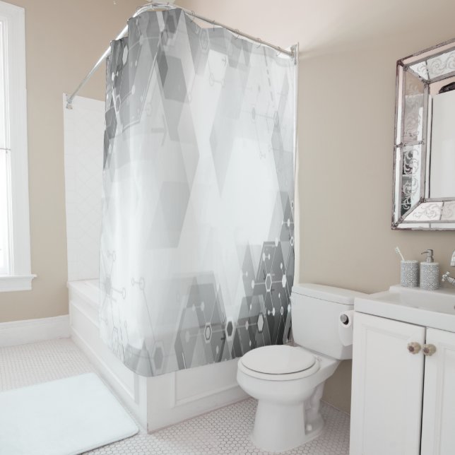 Modern Geometric Abstract Graphic Grey White Shower Curtain (In Situ)
