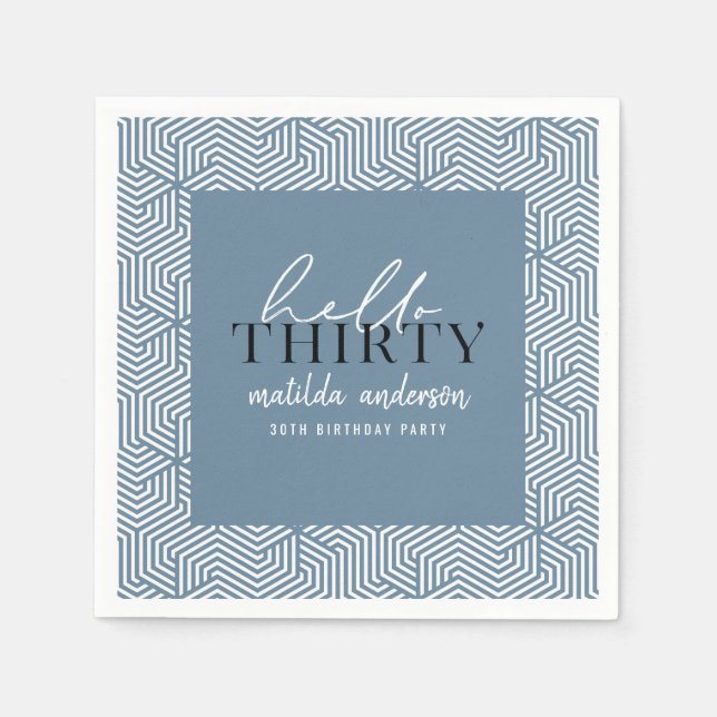 Modern geometric and script 30th birthday party napkin (Front)