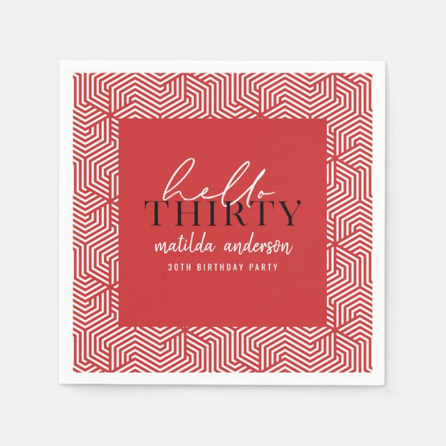 Modern geometric and script 30th birthday party napkin (Front)