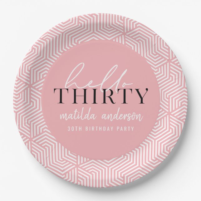 Modern geometric and script 30th birthday party paper plate (Front)