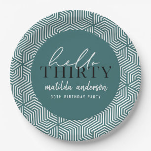 Modern geometric and script 30th birthday party paper plate