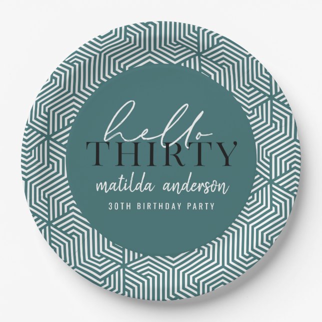 Modern geometric and script 30th birthday party paper plate (Front)