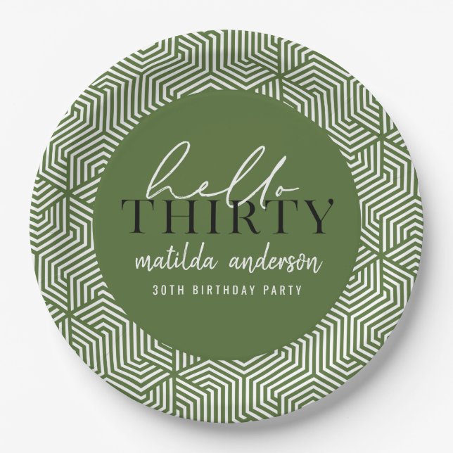 Modern geometric and script 30th birthday party paper plate (Front)