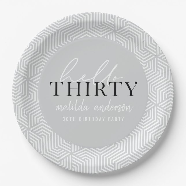 Modern geometric and script 30th birthday party paper plate (Front)
