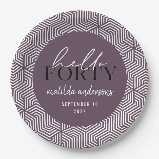 Modern geometric and script 40th birthday party paper plate (Front)