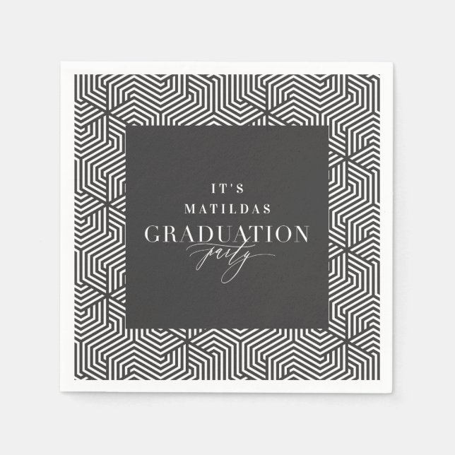 Modern geometric and script graduation party napkin (Front)